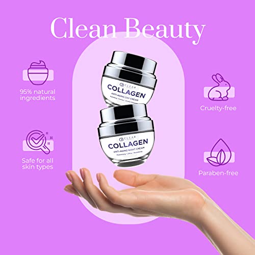 Clear Beauty Collagen Day & Night Face Moisturizer - Dermatologist Tested, Anti Aging Korean Skin Care - Plumping Hydration, Elasticity Support, Silky Finish - Vegan, Clean Beauty - Duo Pack