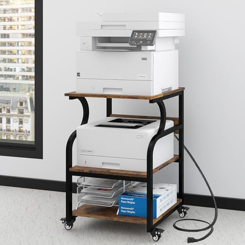 Natwind Large 3-Tier Rolling Printer Cart with Adjustable Shelf, 24”x20” Mobile Stand for Heat Press, 3D Printer, Home Office Multifunctional Shelves with Locking Wheels (Retro)