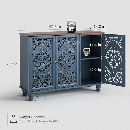 Image of JOINICE 42.5 inch Accent Storage Cabinet with 3 Carved Doors,Blue & Walnut | Versatile Storage for Living Room & Dining Room & Bedroom & TV Stand, Solid Wood Legs, Farmhouse /Rustic Style, Easy Assembly