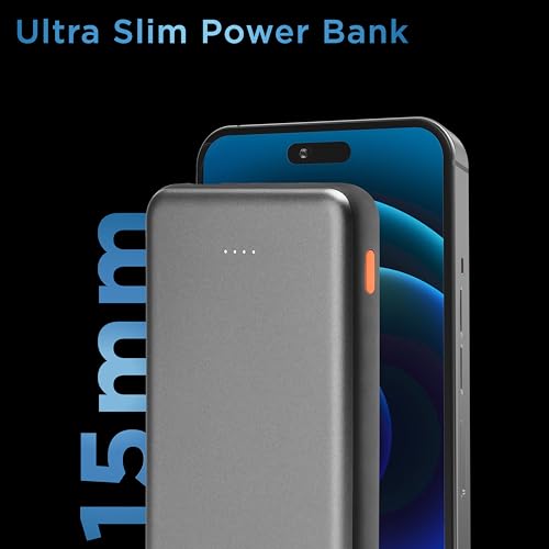 Image of URBN Power Bank 10,000mAh Ultra Slim 12W|Dual Port Type C Micro USB Input /Output|BIS Certified|4-Layer Circuit Protection|6-Month Replacement Warranty|Made in India|Free Type C Cable - Grey