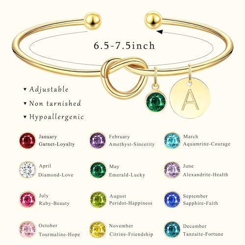 Initial Birthstone Gold Bracelets for Women Bridesmaid Proposal Gift Tie the Love Knot Cuff Bangle Bracelet 14K Gold Plated Adjustable Birthstone Bracelets Personalized A-Z Initial Charm Birthday Gift4