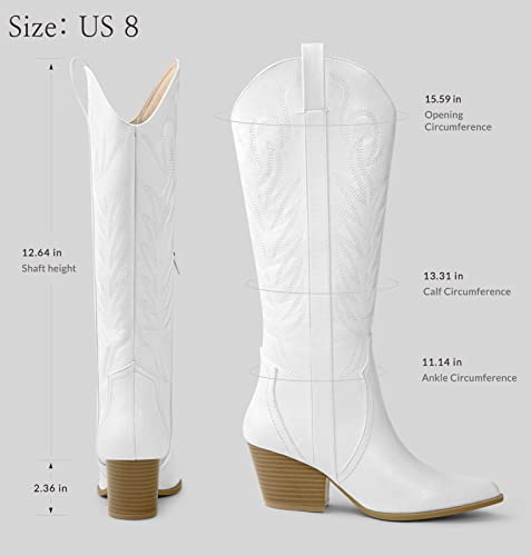 Arromic White Cowgirl Boots For Women, Western Cowboy Boots For Women Knee High Tall Embroidered Pointed Toe Pull On Zipper Stitching Chunky Heel Fashion Boots #TOP1