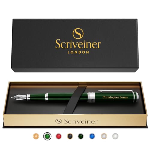 Scriveiner British Racing Green Personalisierter Stift - Atemberaubender Grüner Lack Luxus, Chrom Finish, Deutsche Schmidt Feder (Mittel), Bestes Graviertes Füllfederhalter Geschenkset, Namensgravur