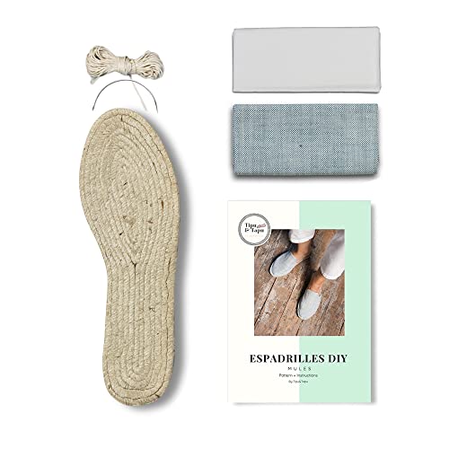 Kit DIY Mules Espadrilles Bleu Femme blanc, pointure 36 avec semelle en jute naturelle de 1,5 cm