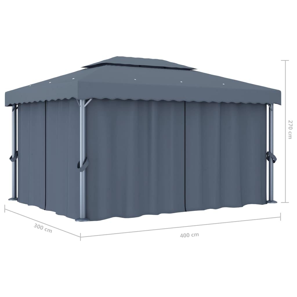 Pawilon ogrodowy 4 x 3 m, antracyt z zasłonami, łańcuch świetlny LED, aluminiowa rama, poliester z powłoką PA, idealny na taras, imprezę w ogrodzie, grillowanie i uroczystości