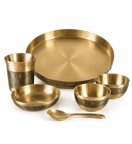 Image of Kansa Bronze Thali Set Matte Etching Design Dinner Set with Plate Glass 2 Bowls Dessert Bowl Spoon Ayurvedic Traditional Indian Serveware Handmade Gift Set for Home Dining Festival Use