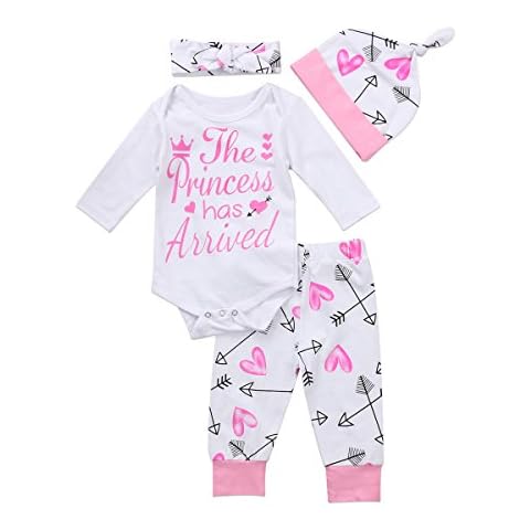 suomate Baby Girl The Princess Has Arrived Print Romper Top Heart Arrow Print Pant Hat Headband 4Pcs Set Cover