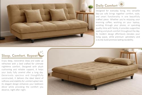 Image of Velvet Fabric Three-Seater Apsen Sofa Bed with Tufted Couch with Adjustable Backrest- Living Room Furniture-Golden-Color