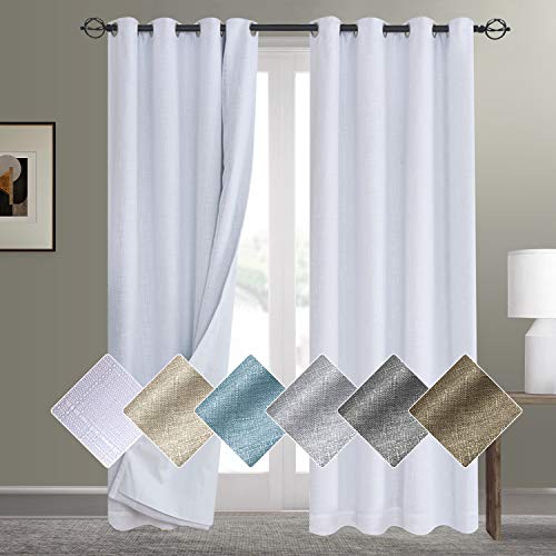 White Blackout Curtains 84 Inch Length Linen Textured Curtains with White Blackout Curtain Liner Thermal Insulated Grommet Curtains for Bedroom(W50 x L84 2 Panels, White)