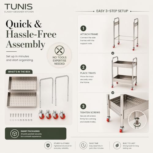 Image of TUNIS 2 Tier 202 Premium Stainless Steel Kitchen Storage Trolley with 360 Rotating Wheels | Multipurpose Vegetable & Fruit Rack Organizer | Movable Storage Cart for Kitchen, Pantry & Home