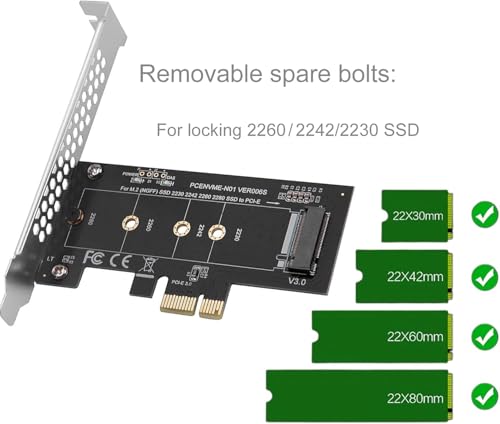 Image of NVME M.2 SSD M Key to PCI-e 3.0 x1 Host Controller Expansion Card,Supports M2 NGFF PCI-e 3.0, 2.0 or 1.0, NVME or AHCI, M-Key, 2280, 2260, 2242, 2230 Solid State Drives with Low Profile Bracket