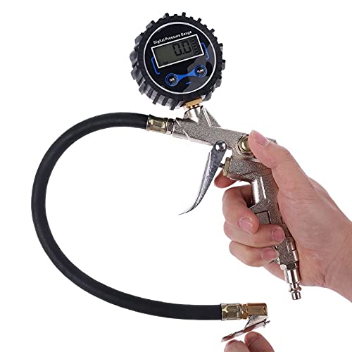 Inflador de neumáticos Digital con manómetro, Manguera y Clip de Mandril Compatible con Coche, Motocicleta, Bicicleta 35ED