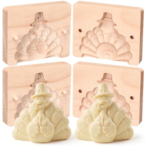 BrightRow 2 Set Thanksgiving Turkey Butter Molds Two Side 3D Turkey Wooden Molds for Homemade Butter Cute Chocolate Cookie Cutter for Thanksgiving Wood Kitchen Accessory for Baking DIY Dairy Making