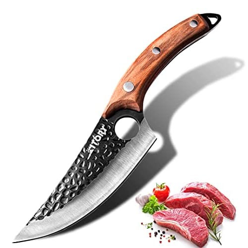 Kitory Butcher Knife for Meat Cutting, Hand Forged Viking Boning Knife with Ergonomic Wood Handle, High Carbon Steel Chinese Chef Knife for Camping, Outdoor, BBQ, Birthday Gift for Men 5.8"