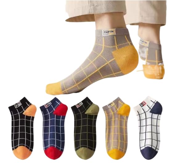 Socks, men's summer classic checkered boat socks, checkered thin short socks, sweat absorbing, breathable and not stuffy, checkered socks (5 pairs mixed hair sizes 37-44)