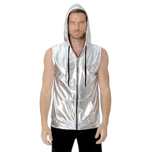 COSAVOROCK Heren Metallic Jaren ’70 Fancy Dress Disco Shiny mouwloze Hoodie Zip Up Vest Shirts