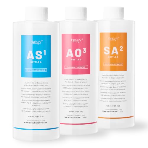 BRUN Aqua Facial Serums for Face Cleansing A Pack of 400ml 3 Aqua Peeling Solution AS1 SA2 and AO3 Skin Care Solution for Vacuum face Cleaning Jet for Home and Spa
