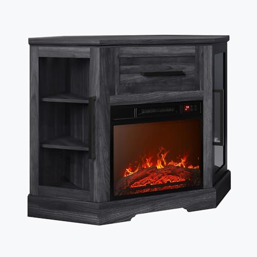 BELLEZE 43 Inch TV Stand with 18 Inch Electric Fireplace, Fireplace TV Stand for TVs up to 43 Inches, Modern Corner Wood Entertainment Center with Sto