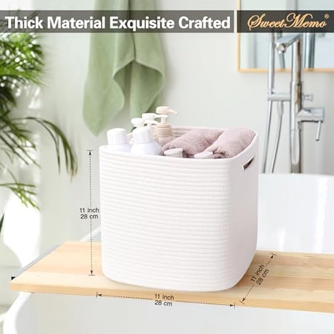 Woven Rope Storage Cube Basket 11 Inch, Square Cube Storage Bin, Decorative Organizer for Kallax, Kids Toy, Closet, Baby Nursery, Decor - Cream White, 3 Pack