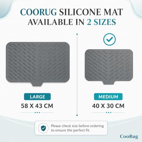 Image of CooRug Silicone Dish Drying Mat for Kitchen - Built-in Drain Lip | Hygienic Drying Pad - Sturdy Compact Easy to Clean Tray Protects Surfaces Prevents Water Build Up - 40 X 30 Cm (Grey)
