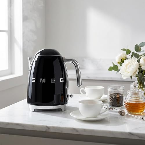 Image of SMEG 50's Retro Style Electric Water Kettle with Automatic Shutoff, Removable Base, and Water Indicator, KLF03BLUS, Black