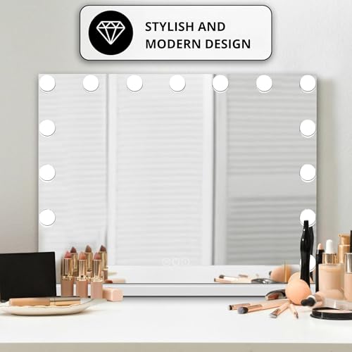Bayt Lustro do Makijażu LED – Lustro Hollywood z Podświetleniem – Ściemnialne – 3 Kolory Światła – Ekran Dotykowy – 58x46 cm – Białe