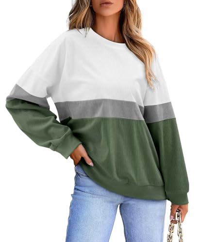 KISSMODA Womens Casual Long Sleeve Sweatshirts Color Block/Solid Tops Corduroy Crewneck Tunic Pullover with Pockets