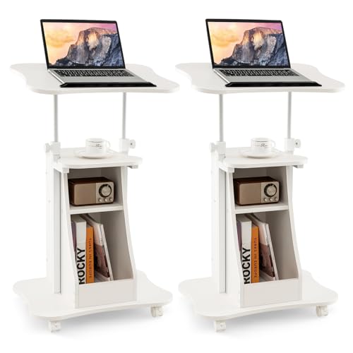 Tangkula Mobile Lectern Podium, Height Adjustable Podium Stand, Standing Sit-to-Stand Desk, Rolling Cart Laptop Desk with Swivel Top Movable Wheels & Storage