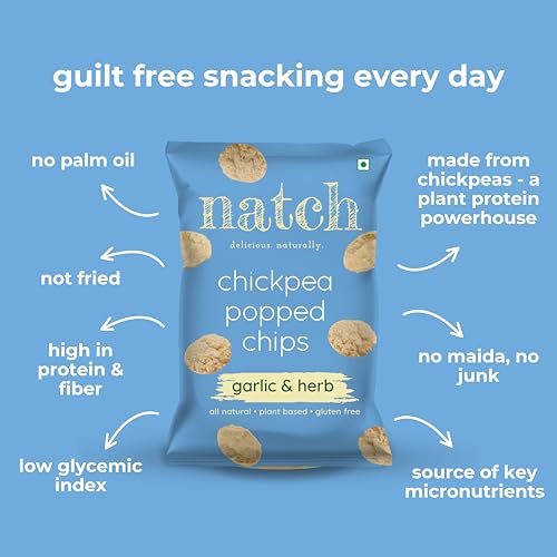Image of Natch Chickpea Popped Protein Chips, Healthy Snacks, Low Calorie, Not Fried Not Baked, Vegan, Gluten Free, Rich in Fiber, Garlic & Herb Flavour, 55gm each (Pack of 6)