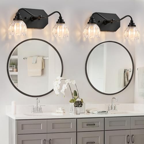 Image of Vintage Bathroom Light Fixtures, 2 Light Bathroom Vanity Light, Black Matte Antique Brass Finish with Crystal Glass Shade, Mid Century Wall Sconces for Bedroom, Living Room, Hallway