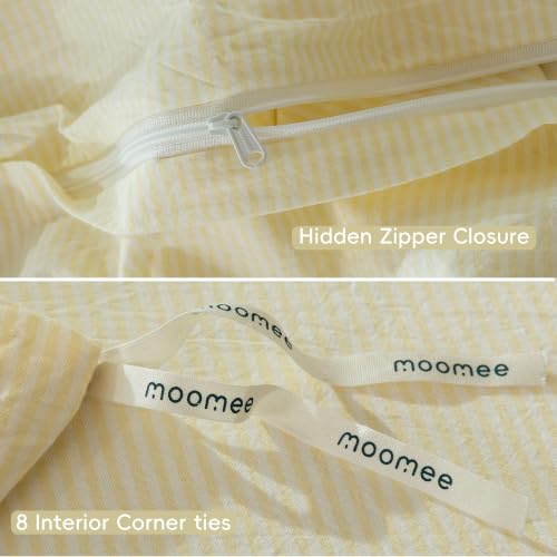 Image of MooMee Striped Duvet Cover Set 100% Washed Cotton Linen Like Queen | Relaxed Linen-like Texture. Soft, Breathable & Long-lasting Comfort. Lightweight. Hidden Zipper with 8 Interior Corner Ties