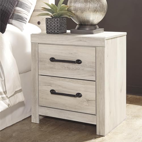 Image of Signature Design by Ashley Cambeck Farmhouse Industrial 2 Drawer Two Drawer Nightstand with 2 Slim-Profile USB Charging Stations, 24.37 inch Tall, Whitewash