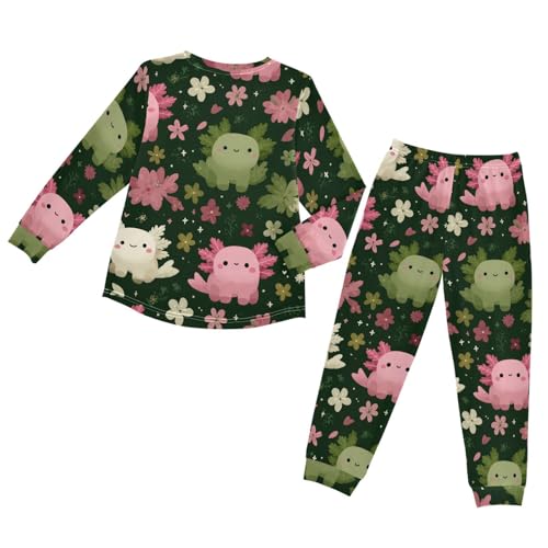 Cute Axolotl with Flowers Soft Pajama Set for All Seasons,Breathable Pjs Long Sleeve Sleepwear,Comfy Loungewear 2 Piece Underwear Set 5T2