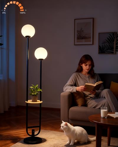 Image of 63IN 2-Globe Floor Lamp Dimmable Tall Standing Lamps with Table 3000K Warm White Unique Vintage Modern Mid Century Floor Lamp with 5Lbs Heavy Base for Living Room-Black