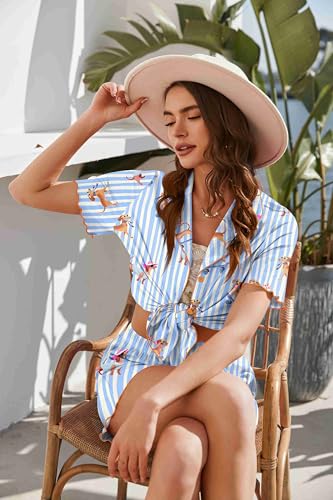 Image of Ekouaer Button Up Pajamas Set for Women Short Sleeve Ribbed Knit Sleepwear 2 Piece Pjs Shorts Set