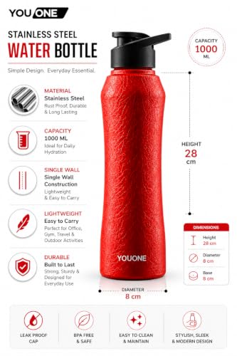 Image of YOUONE Stainless Steel 1000 ML Water Bottle (Red Charcoal)