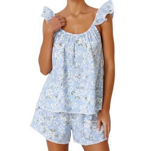 Image of ROAONOCOMO Women Summer Floral Pajama Set Ruffle Trim Cami Top Coquette Pj Set Gingham Babydoll 2 Piece Shorts Outfit