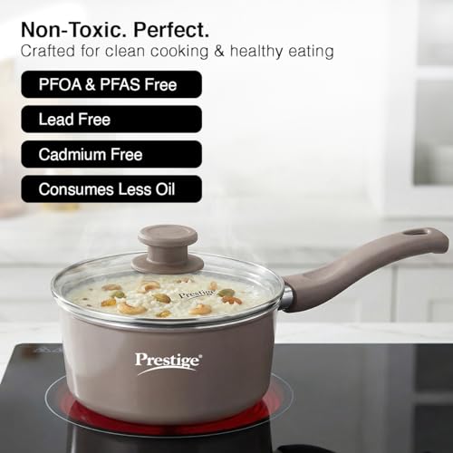 Image of Prestige Ceraglide Duo Sauce pan 16Cm /1.4L with Glass Lid Non-Stick Ceramic Coating|Works On Gas & Induction|High Heating|Cool Touch Handle|Grey
