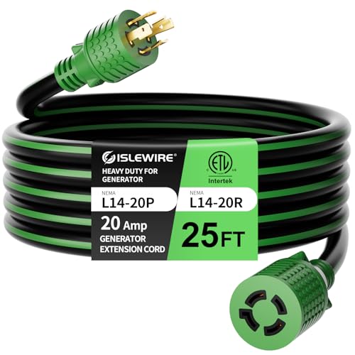 25FT NEMA L14-20 Generator Extension Cord, L14-20P to L14-20R 4-Prong Twist Lock Power Cord, 20 Amp, 125/250V, 2500/5000 Watts, Heavy Duty 12/4 SJTW for Portable Generators, Power Outage, ETL Listed