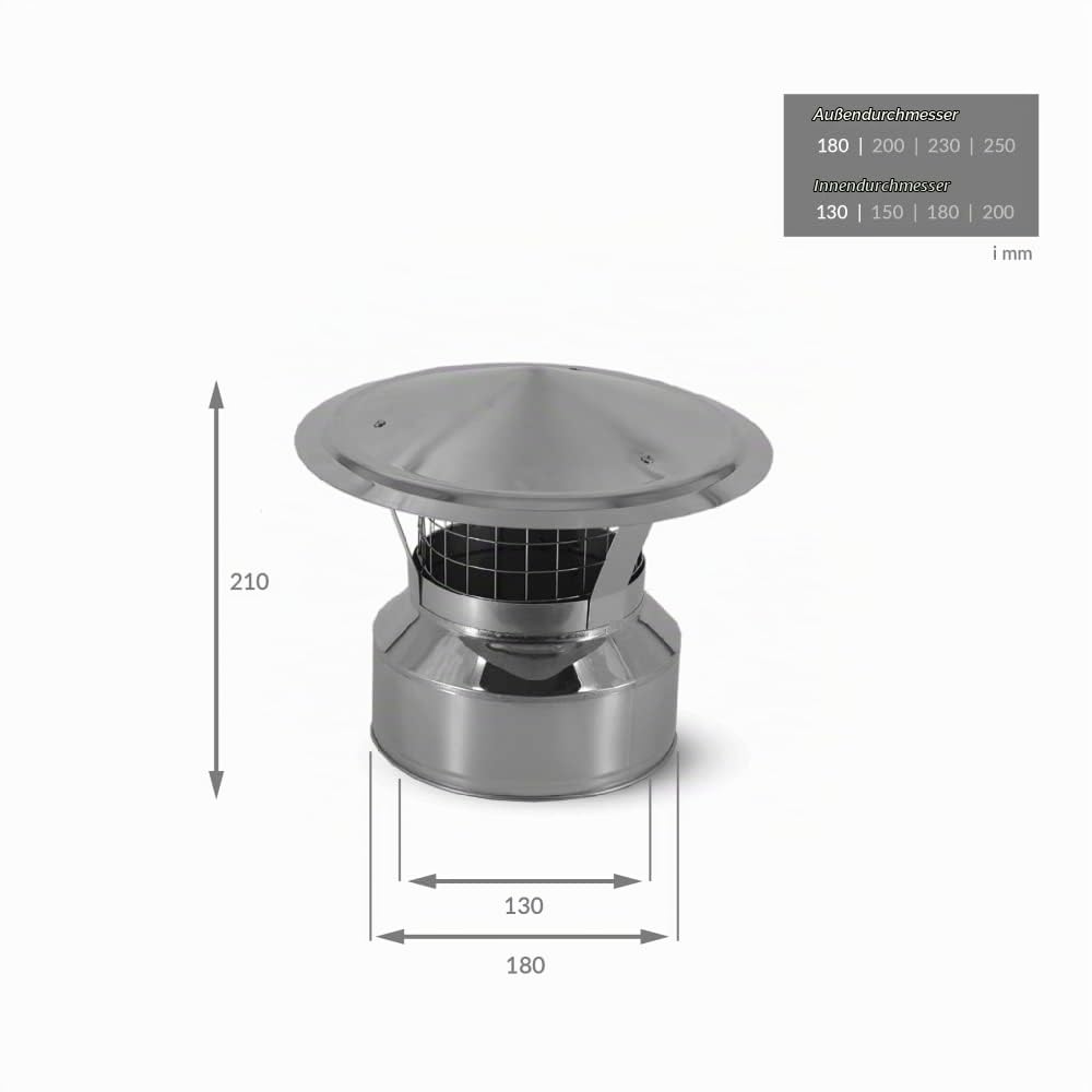 Edelstahlschornstein Regenhaube mit Funkenschutz I Zubehör für Kamin und Ofen I ø 130 mm I Regen und Windschutz I Optimale doppelwandige Isolierung I Oskar