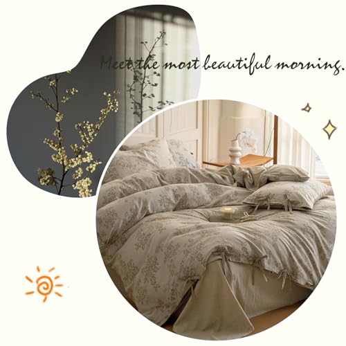 VM VOUGEMARKET Linen Cotton Duvet Cover Set King Retro Monet Flower Bedding Set,Jacquard Yarn-Dyed Textured Comforter Cover with Bowknot-104 x90,Khaki