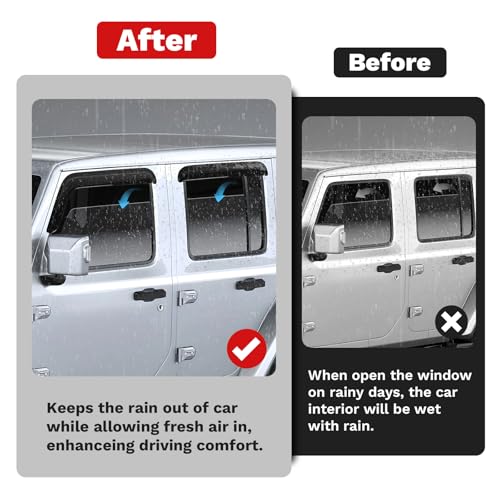 Image of Canvcle Wrangler JL Rain Guards - Window Visors for Jeep Wrangler JL 2018-2025 2026, Outside-Mount Tape-On Side Window Wind Deflectors for Wrangler JL Accessories, Vent Visors Shades Rainproof 4PCS