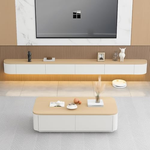 Image of Floating TV Stand Wall Mounted - Wall Entertainment Center with Flip-Down Doors & Drawers, Modern Hanging TV Shelf for Living Room, Media Console for 65 /75 80 Inch TVs (White+Wood- B, 78.7IN /200CM)