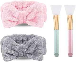 2 Pack Spa Headband ,Bowknot Coral Fleece Elastic Headband With 2 Silicone Face Mask Brush,for Women Girls Washing Face Beauty Skincare And Sports. (Gray,Pink)