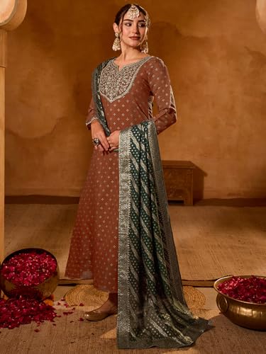 Image of Naixa Women's Silk Embroidered Printed A-Line Kurta with Pant | Dark Green Viscose Jacquard Dupatta Set | 3 /4 Sleeve | Notch Neck | Festive (Available in Plus Size)