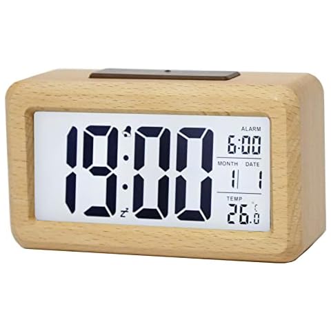 Wooden Digital Alarm Clock, Large LED Display, 12/24 Hours Display,Smart Sensor Night Light,Date,Snooze and Temperature, Battery Operated,Bedside Alarm Clock for Bedroom, Desk Alarm Clock for Office Cover