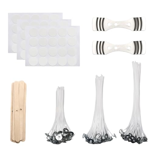Kit de Mechas para Velas – 150 Mechas de Algodón (10/15/20 cm) con Adhesivos Soportes de Madera y Metálicos Ideal para Hacer Velas Caseras y Candelabros