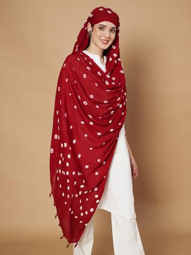 Image of Women's Cotton Rayon Bandhani Print Dupatta with Tassels 2.25 Meters | Women's cotton printed dupatta with tassels.