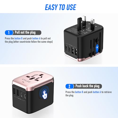 Image of VYLEE Universal Travel Adapter, 5 in 1 International Power Adapter with 3.5A 2xUSB-A & 2xUSB-C Ports, Travel Plug Adapter Worldwide for Europe USA UK AUS Travel Essentials (Rose Gold)