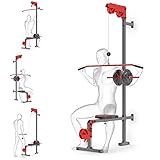 TECHNISCHE DATEN: Gewicht Fitnessstation: 28kg. Material: Stahl, pulverbeschichtet. Maße: 200x121x111 cm (HxBxT). Seile 180 & 200 cm. Seildurchmesser 3 mm. Profil 4x4x0,2 cm. Breite Kabelzugstange 110 cm. Karabiner, Dübel & Gummipuffer enthalten.